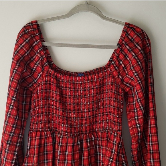 Old Navy Seersucker Mini Dress Small Red Black Tartan Plaid Long Sleeve Holiday - Picture 2 of 4